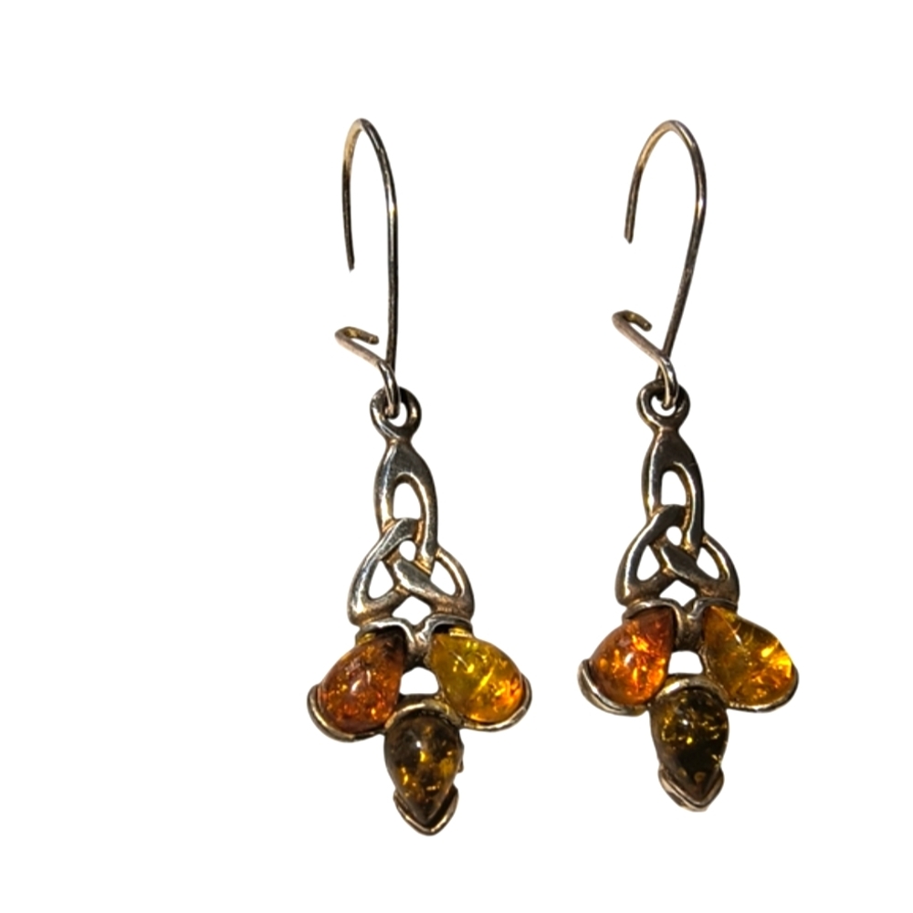 Vintage Sterling Silver & Amber Celtic Knot Design Dangle Earrings
